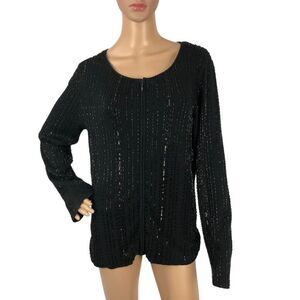 Dana Buchman Size L Embellished Beaded Knit Sweater Jacket Cardigan Zip Up Black